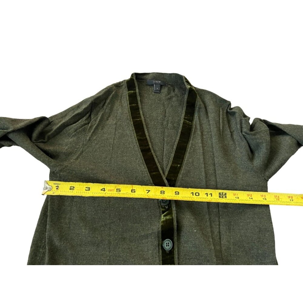 J. Crew Cardigan Small Green Merino Wool Blend Button Down Sweater Velvet Trim - Picture 6 of 6
